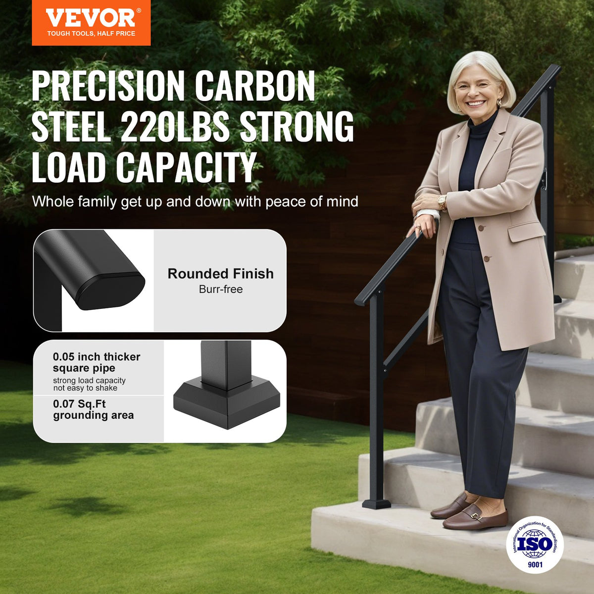 VEVOR Handrails for Outdoor Steps, 4-5 Step Stair Hand Rail Kit, Transitional Carbon Steel Railings with Installation Kit, Stair Rails for Seniors, Concrete Steps & Porch & Deck, Black Square Tube - FGDHGZLSLZFSIFL6RV0 - view 3