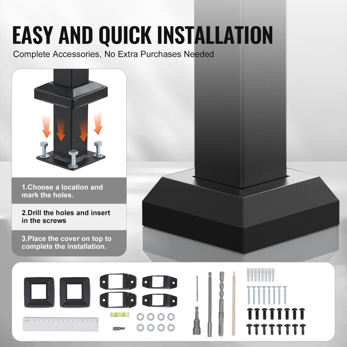 VEVOR Handrails for Outdoor Steps, 4-5 Step Stair Hand Rail Kit, Transitional Carbon Steel Railings with Installation Kit, Stair Rails for Seniors, Concrete Steps & Porch & Deck, Black Square Tube - FGDHGZLSLZFSIFL6RV0 - view 5