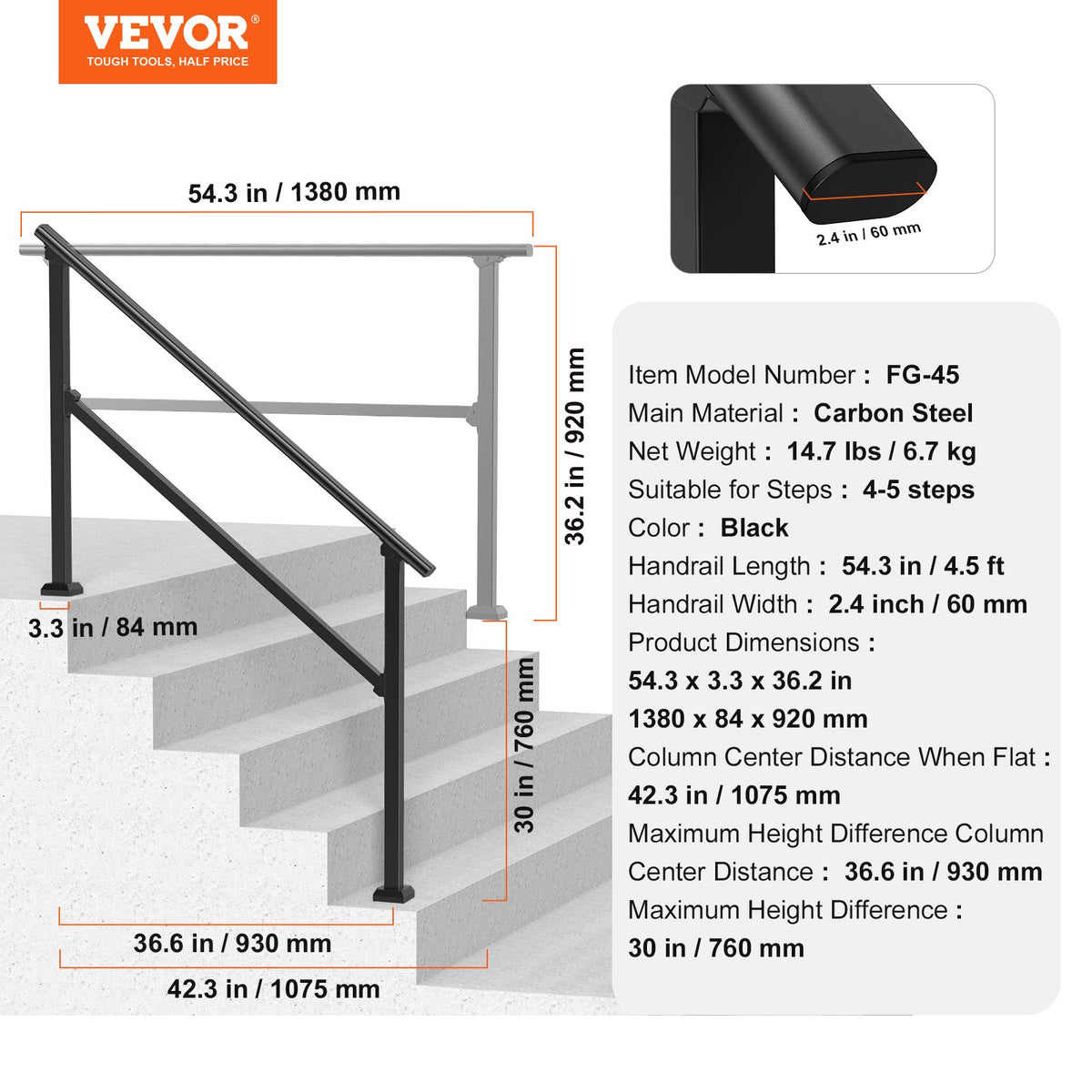 VEVOR Handrails for Outdoor Steps, 4-5 Step Stair Hand Rail Kit, Transitional Carbon Steel Railings with Installation Kit, Stair Rails for Seniors, Concrete Steps & Porch & Deck, Black Square Tube - FGDHGZLSLZFSIFL6RV0 - view 8