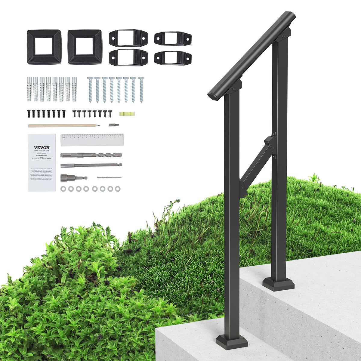 VEVOR Handrails for Outdoor Steps, 1-2 Step Stair Hand Rail Kit, Transitional Carbon Steel Railings with Installation Kit, Stair Rails for Seniors, Concrete Steps & Porch & Deck, Black Square Tube - FGDHGZLSLZFSL278CV0 - view 1
