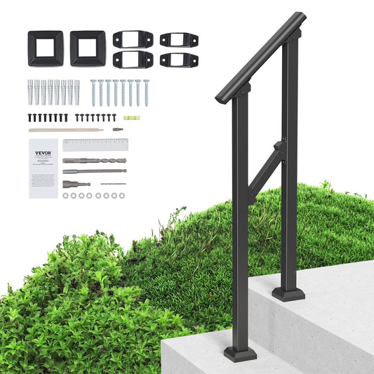 VEVOR Handrails for Outdoor Steps, 1-2 Step Stair Hand Rail Kit, Transitional Carbon Steel Railings with Installation Kit, Stair Rails for Seniors, Concrete Steps & Porch & Deck, Black Square Tube - FGDHGZLSLZFSL278CV0 - view 1