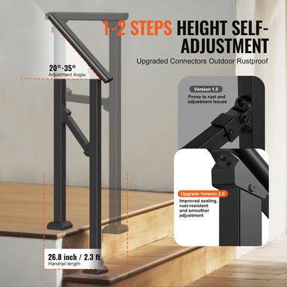 VEVOR Handrails for Outdoor Steps, 1-2 Step Stair Hand Rail Kit, Transitional Carbon Steel Railings with Installation Kit, Stair Rails for Seniors, Concrete Steps & Porch & Deck, Black Square Tube - FGDHGZLSLZFSL278CV0 - view 4
