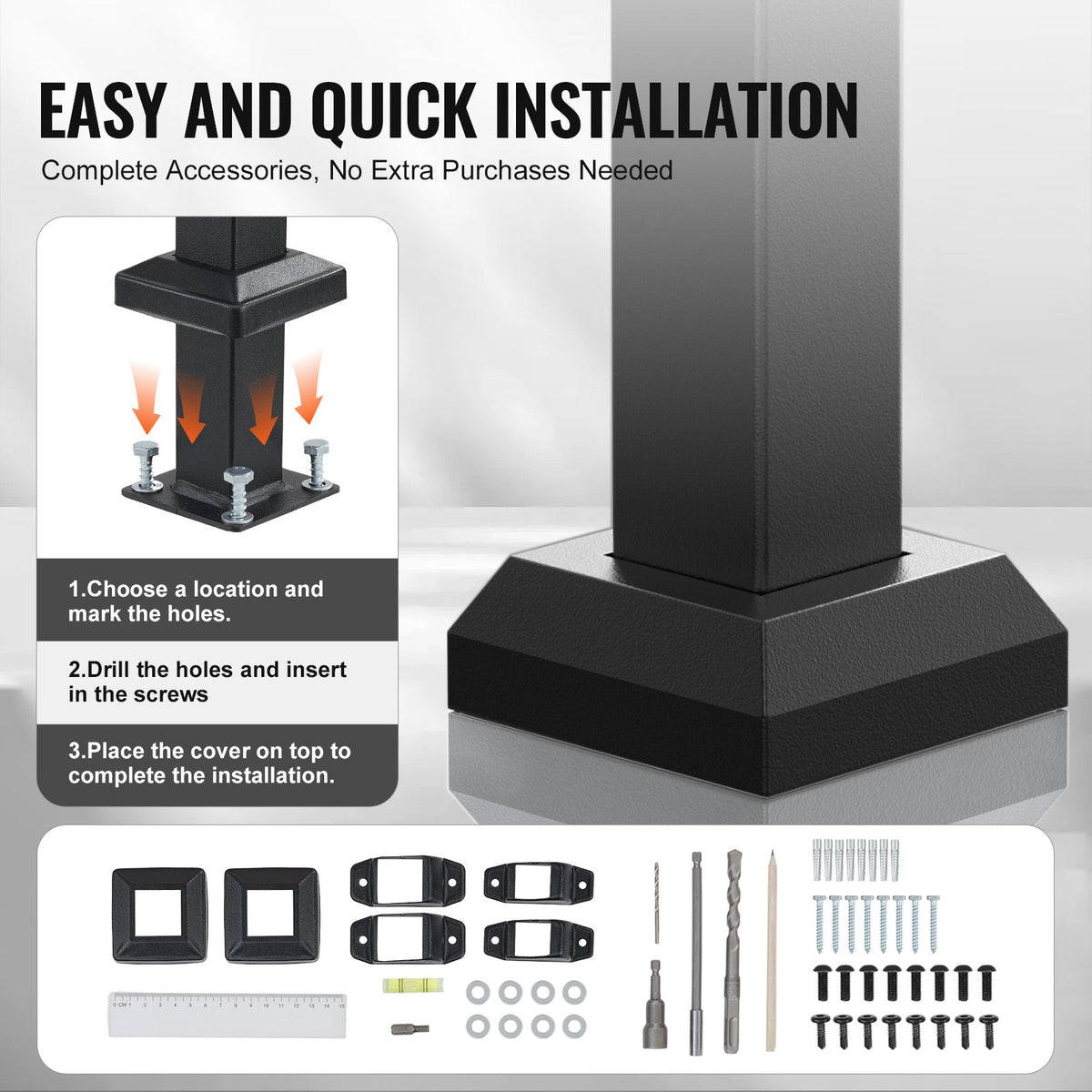 VEVOR Handrails for Outdoor Steps, 1-2 Step Stair Hand Rail Kit, Transitional Carbon Steel Railings with Installation Kit, Stair Rails for Seniors, Concrete Steps & Porch & Deck, Black Square Tube - FGDHGZLSLZFSL278CV0 - view 5