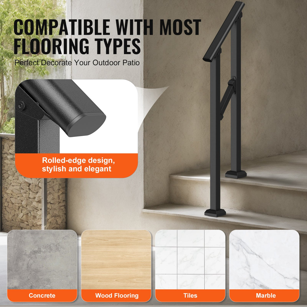 VEVOR Handrails for Outdoor Steps, 1-2 Step Stair Hand Rail Kit, Transitional Carbon Steel Railings with Installation Kit, Stair Rails for Seniors, Concrete Steps & Porch & Deck, Black Square Tube - FGDHGZLSLZFSL278CV0 - view 6