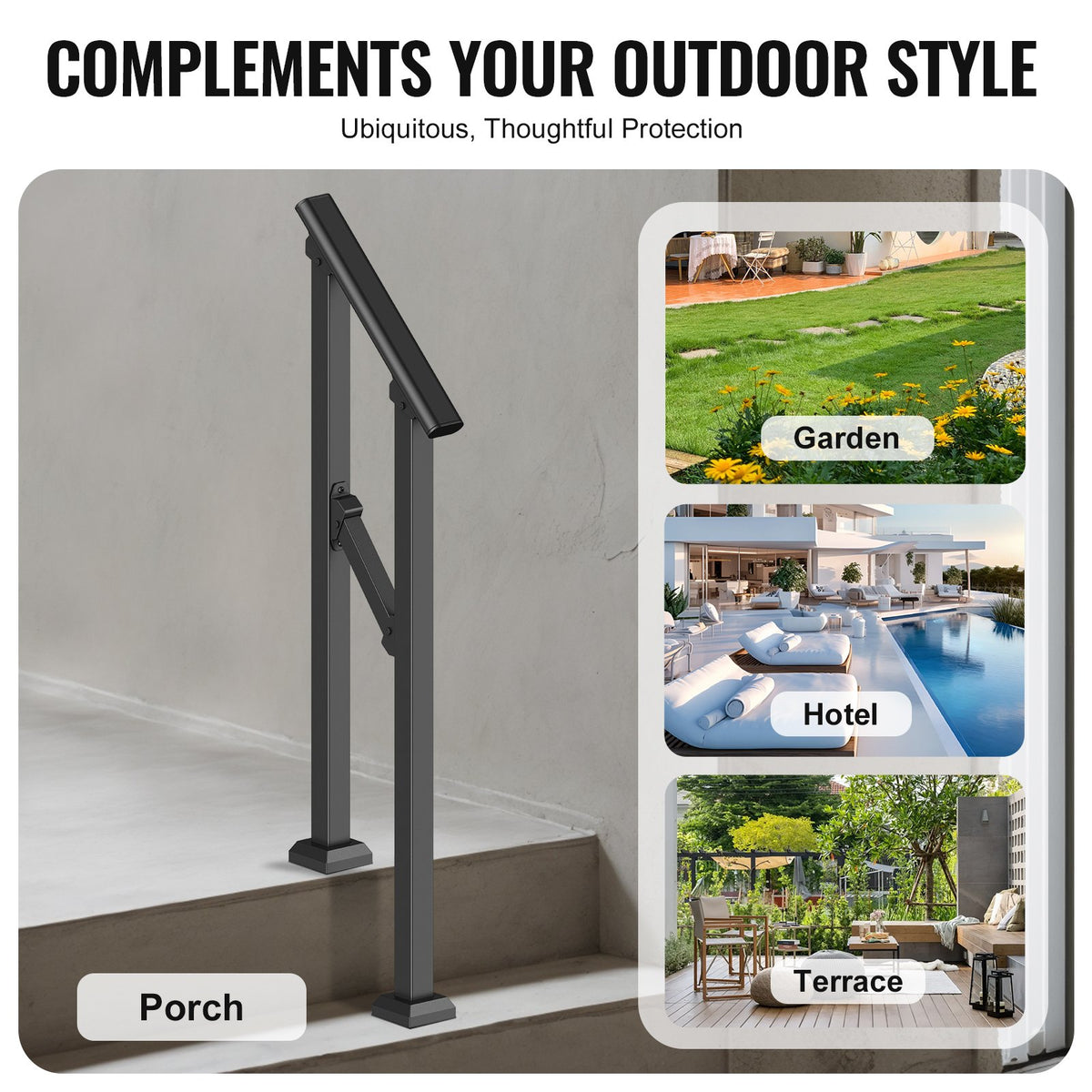 VEVOR Handrails for Outdoor Steps, 1-2 Step Stair Hand Rail Kit, Transitional Carbon Steel Railings with Installation Kit, Stair Rails for Seniors, Concrete Steps & Porch & Deck, Black Square Tube - FGDHGZLSLZFSL278CV0 - view 7