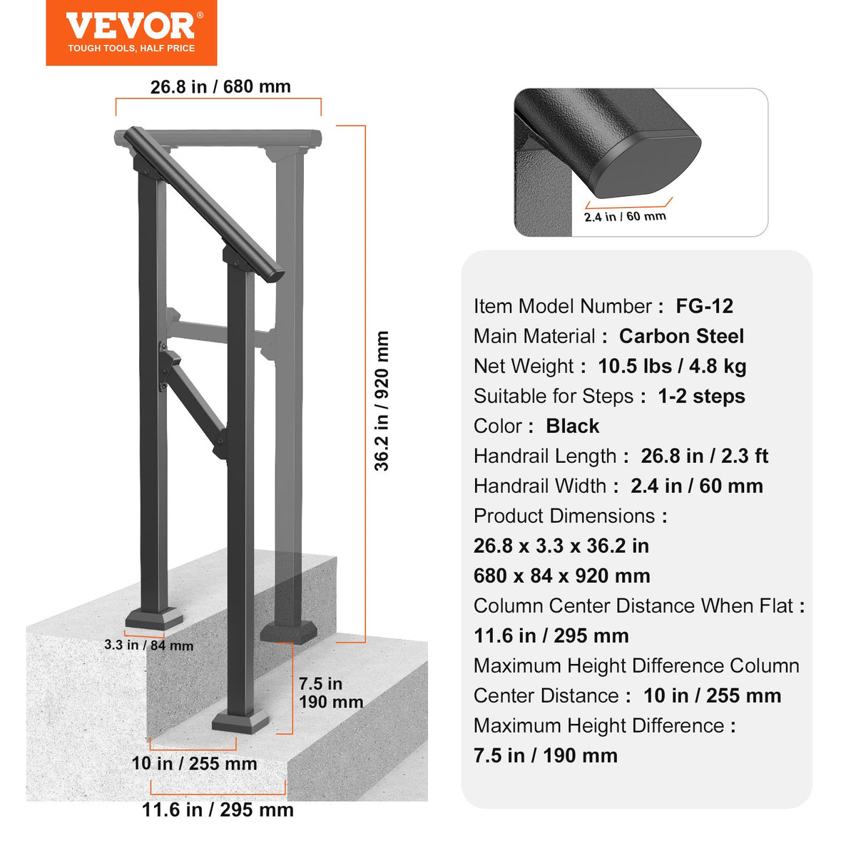 VEVOR Handrails for Outdoor Steps, 1-2 Step Stair Hand Rail Kit, Transitional Carbon Steel Railings with Installation Kit, Stair Rails for Seniors, Concrete Steps & Porch & Deck, Black Square Tube - FGDHGZLSLZFSL278CV0 - view 8