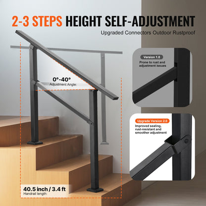 VEVOR Outdoor Handrails for Steps, 2-3 Step Stair Rail Kit, Black Square Tube with Horizontal Bar, Carbon Steel Support Rails for Seniors, Concrete & Deck Stairs, Easy Installation - FGDHGZLSLZFSL90M7V0 - view 4