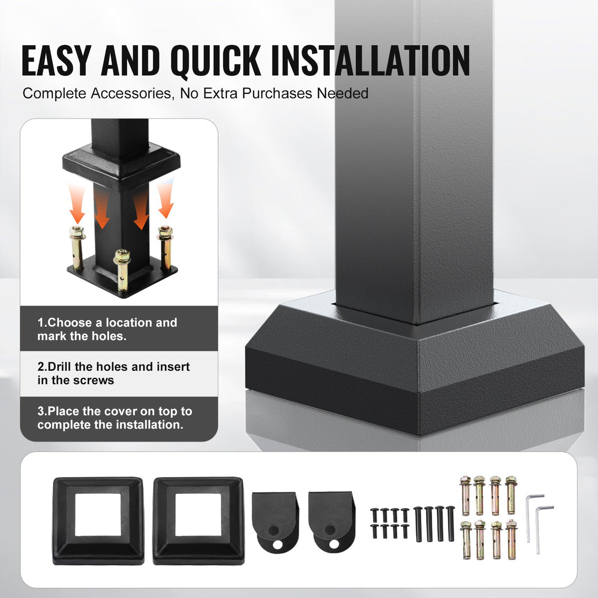 VEVOR Outdoor Handrails for Steps, 2-3 Step Stair Rail Kit, Black Square Tube with Horizontal Bar, Carbon Steel Support Rails for Seniors, Concrete & Deck Stairs, Easy Installation - FGDHGZLSLZFSL90M7V0 - view 5