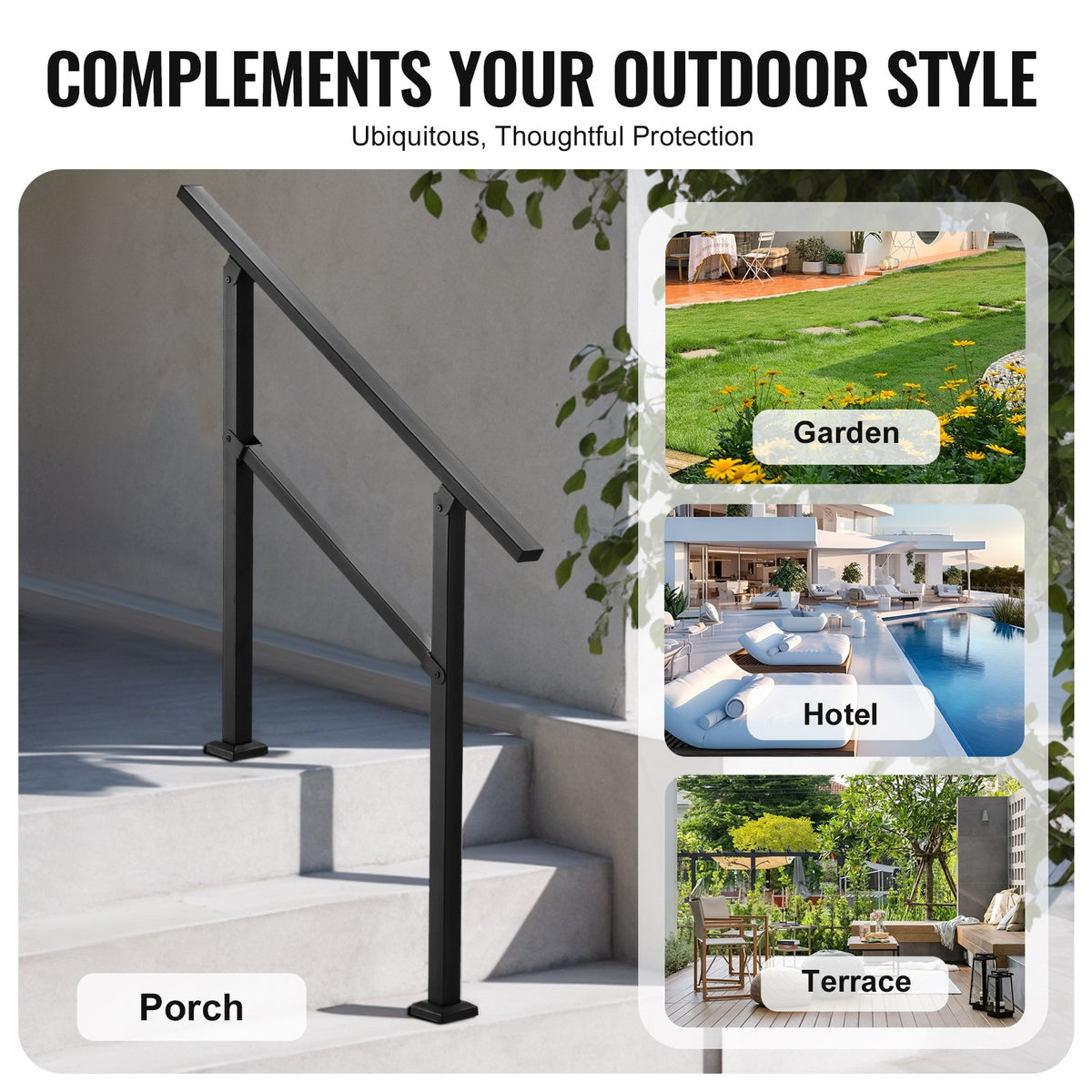 VEVOR Outdoor Handrails for Steps, 2-3 Step Stair Rail Kit, Black Square Tube with Horizontal Bar, Carbon Steel Support Rails for Seniors, Concrete & Deck Stairs, Easy Installation - FGDHGZLSLZFSL90M7V0 - view 7