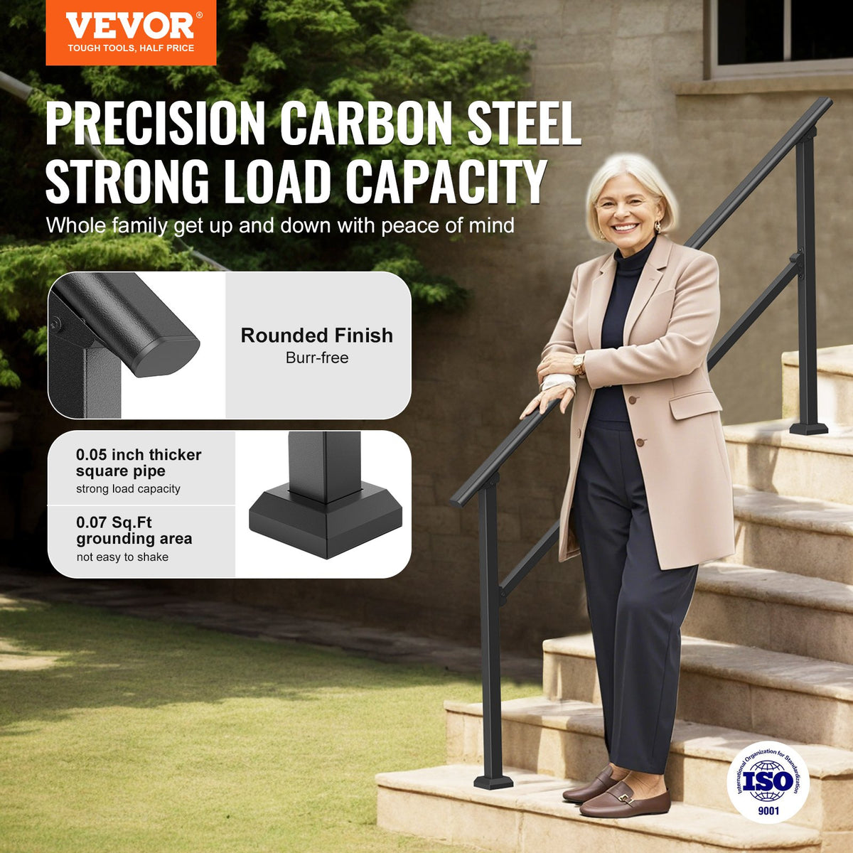 VEVOR Handrails for Outdoor Steps, 5 Step Stair Hand Rail Kit, Transitional Carbon Steel Railings with Installation Kit, Stair Rails for Seniors, Concrete Steps & Porch & Deck, Black Square Tube - FGDHGZLSLZFSXI0DBV0 - view 3