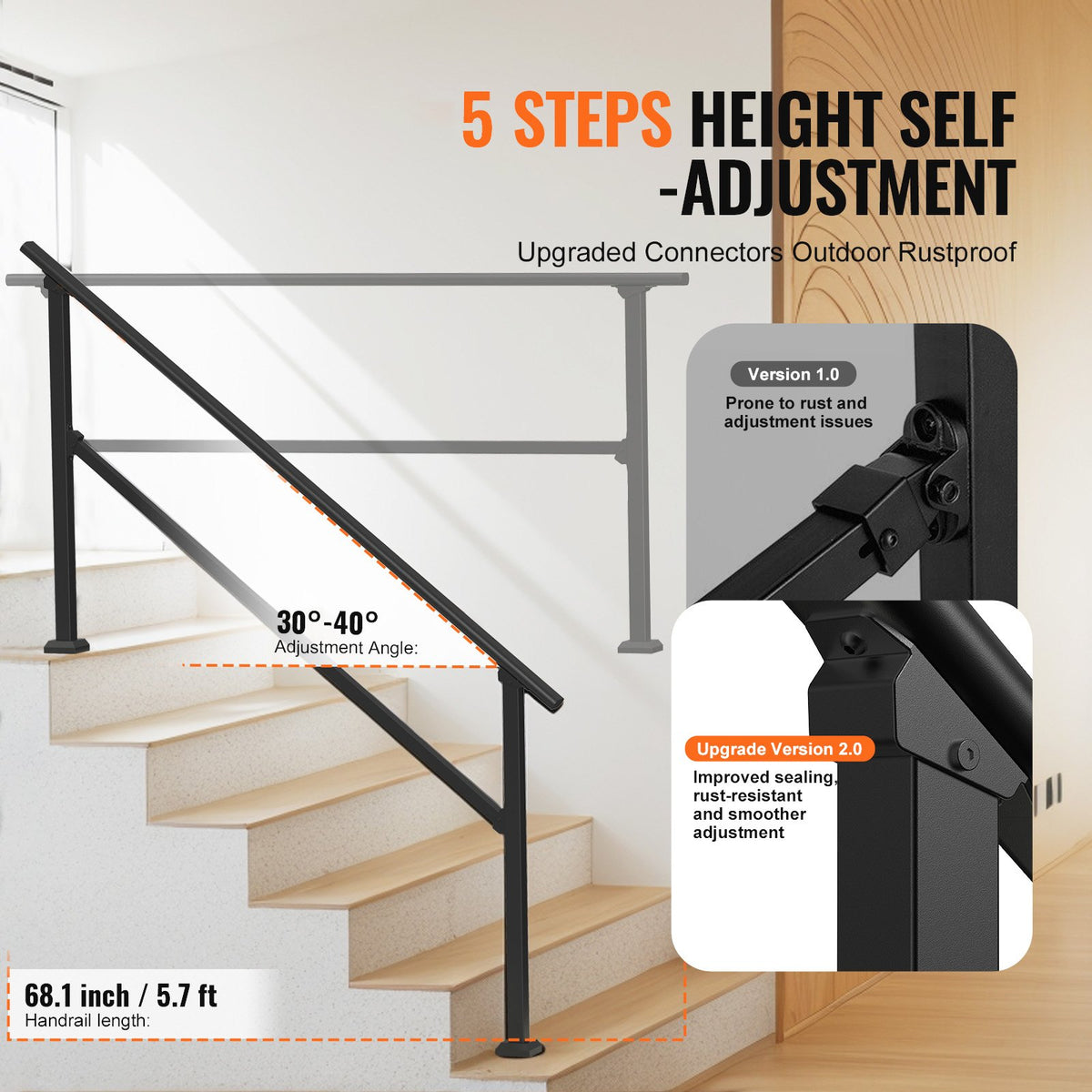 VEVOR Handrails for Outdoor Steps, 5 Step Stair Hand Rail Kit, Transitional Carbon Steel Railings with Installation Kit, Stair Rails for Seniors, Concrete Steps & Porch & Deck, Black Square Tube - FGDHGZLSLZFSXI0DBV0 - view 4