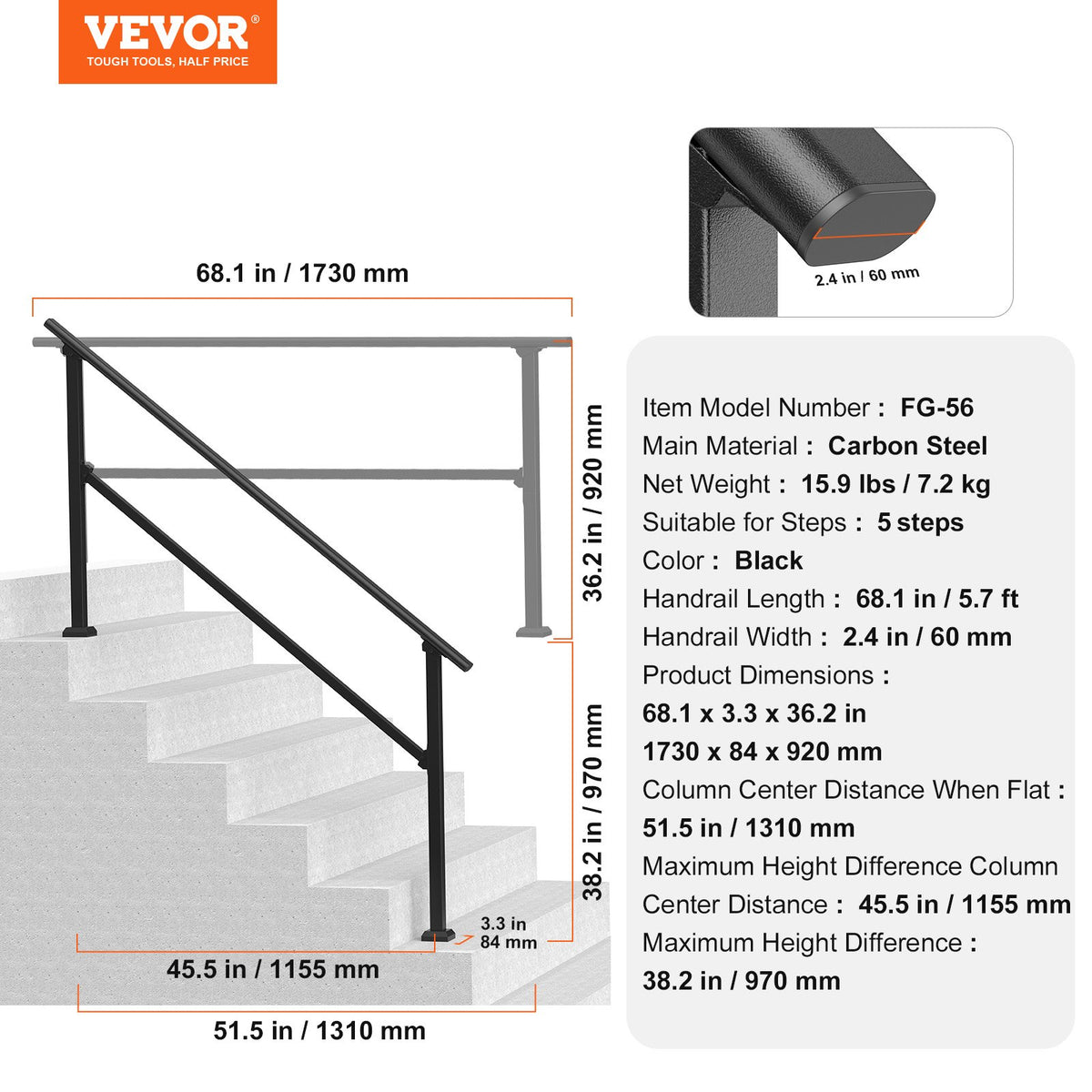 VEVOR Handrails for Outdoor Steps, 5 Step Stair Hand Rail Kit, Transitional Carbon Steel Railings with Installation Kit, Stair Rails for Seniors, Concrete Steps & Porch & Deck, Black Square Tube - FGDHGZLSLZFSXI0DBV0 - view 8