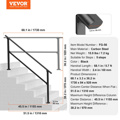 VEVOR Handrails for Outdoor Steps, 5 Step Stair Hand Rail Kit, Transitional Carbon Steel Railings with Installation Kit, Stair Rails for Seniors, Concrete Steps & Porch & Deck, Black Square Tube - FGDHGZLSLZFSXI0DBV0 - view 8