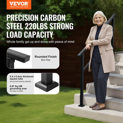 VEVOR Outdoor Handrails for Steps, 4-5 Step Stair Rail Kit, Black Square Tube with Horizontal Bar, Carbon Steel Support Rails for Seniors, Concrete & Deck Stairs, Easy Installation - FGDHGZLSLZFSY0FVPV0 - view 3