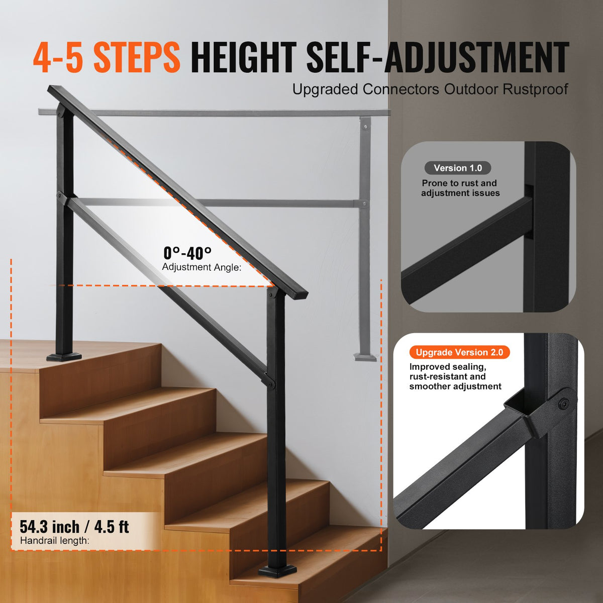 VEVOR Outdoor Handrails for Steps, 4-5 Step Stair Rail Kit, Black Square Tube with Horizontal Bar, Carbon Steel Support Rails for Seniors, Concrete & Deck Stairs, Easy Installation - FGDHGZLSLZFSY0FVPV0 - view 4