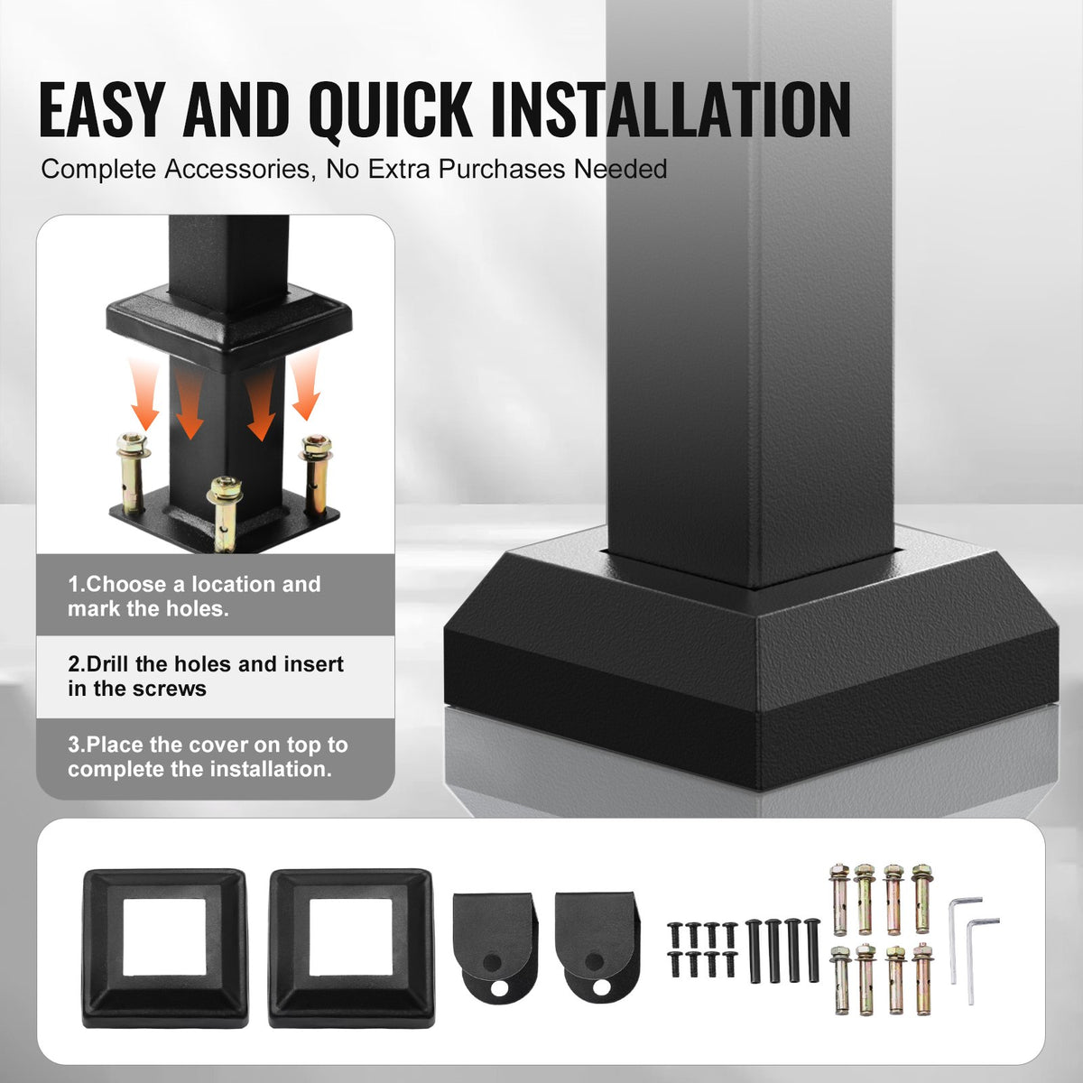 VEVOR Outdoor Handrails for Steps, 4-5 Step Stair Rail Kit, Black Square Tube with Horizontal Bar, Carbon Steel Support Rails for Seniors, Concrete & Deck Stairs, Easy Installation - FGDHGZLSLZFSY0FVPV0 - view 5