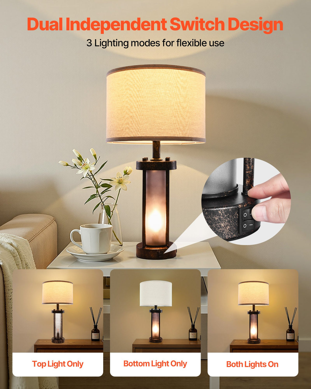 VEVOR Table Lamps Set of 2, Dimmable Farmhouse Bedside Nightstand Lamps, Vintage Lamp with LED Bulb and Linen Shades, Bedside Lamp with USB C+A Ports & AC Outlet, for Living Room, Bedroom & Office - FGDZDUSBKCTDTR6YT001V1 - view 3