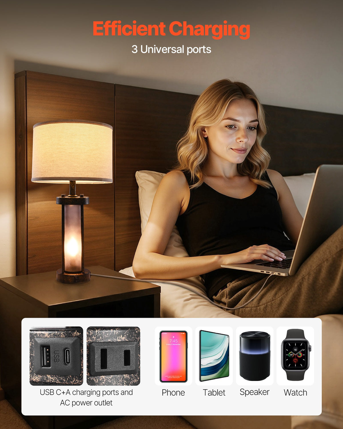 VEVOR Table Lamps Set of 2, Dimmable Farmhouse Bedside Nightstand Lamps, Vintage Lamp with LED Bulb and Linen Shades, Bedside Lamp with USB C+A Ports & AC Outlet, for Living Room, Bedroom & Office - FGDZDUSBKCTDTR6YT001V1 - view 5