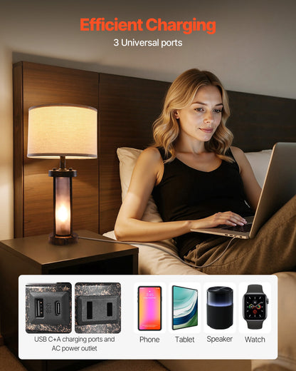 VEVOR Table Lamps Set of 2, Dimmable Farmhouse Bedside Nightstand Lamps, Vintage Lamp with LED Bulb and Linen Shades, Bedside Lamp with USB C+A Ports & AC Outlet, for Living Room, Bedroom & Office - FGDZDUSBKCTDTR6YT001V1 - view 5