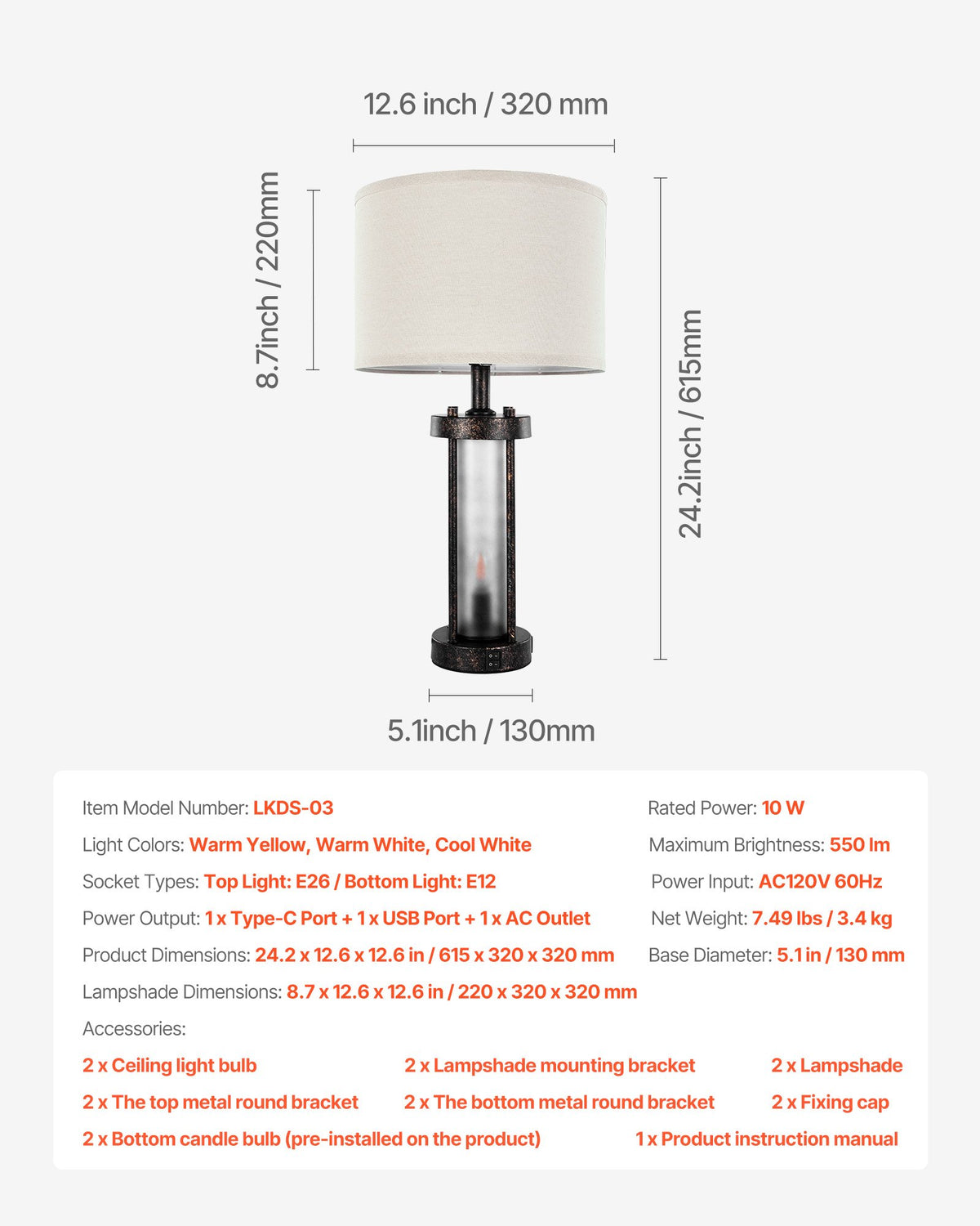VEVOR Table Lamps Set of 2, Dimmable Farmhouse Bedside Nightstand Lamps, Vintage Lamp with LED Bulb and Linen Shades, Bedside Lamp with USB C+A Ports & AC Outlet, for Living Room, Bedroom & Office - FGDZDUSBKCTDTR6YT001V1 - view 8