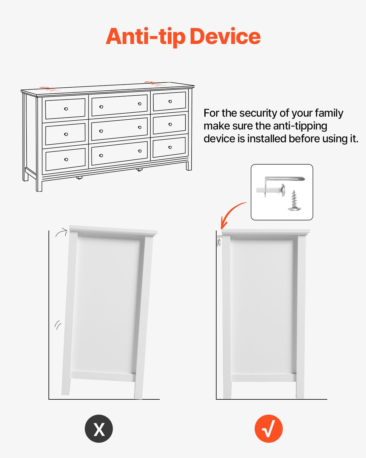 VEVOR 9 Drawer Dresser, Wooden Chest of Drawers with Sliding and Anti-tip Device, Retro Minimalist Dresser Chest, Closet Storage TV Stand Organizer for Living Room, Hallway, Bedroom, Entryway, White - FGFCTJ3L9C57RT2W8001V0 - view 8