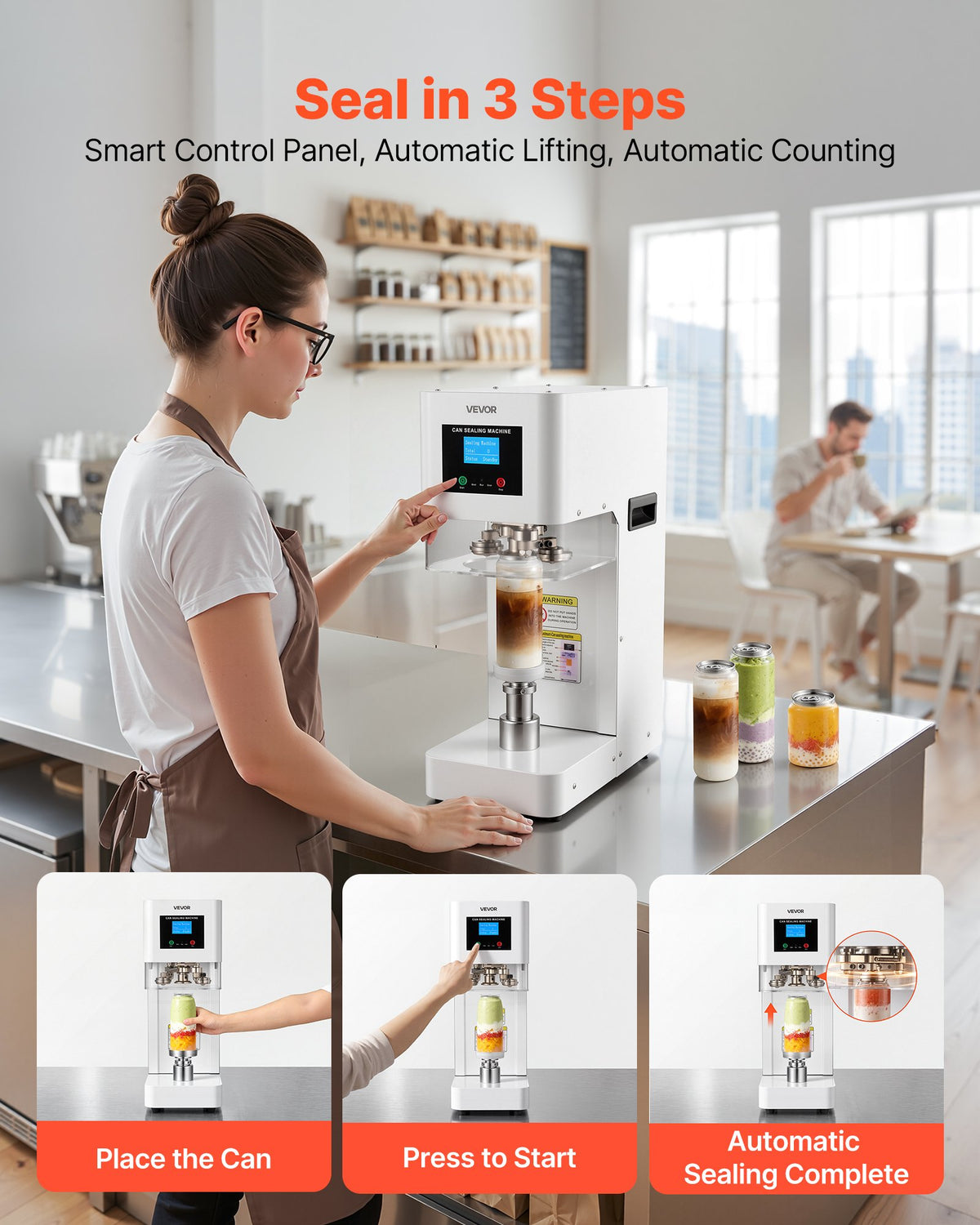 VEVOR Can Sealer Machine, Automatic Commercial Soda Can Sealing Machine for 2.17 in (55 mm) Aluminum and Plastic Cans, Height Adjustable, Steel Housing Beverage Drink Seamer, for Coffee Shop, White - FGJQZDFXZ100LQCA5001V1 - view 6