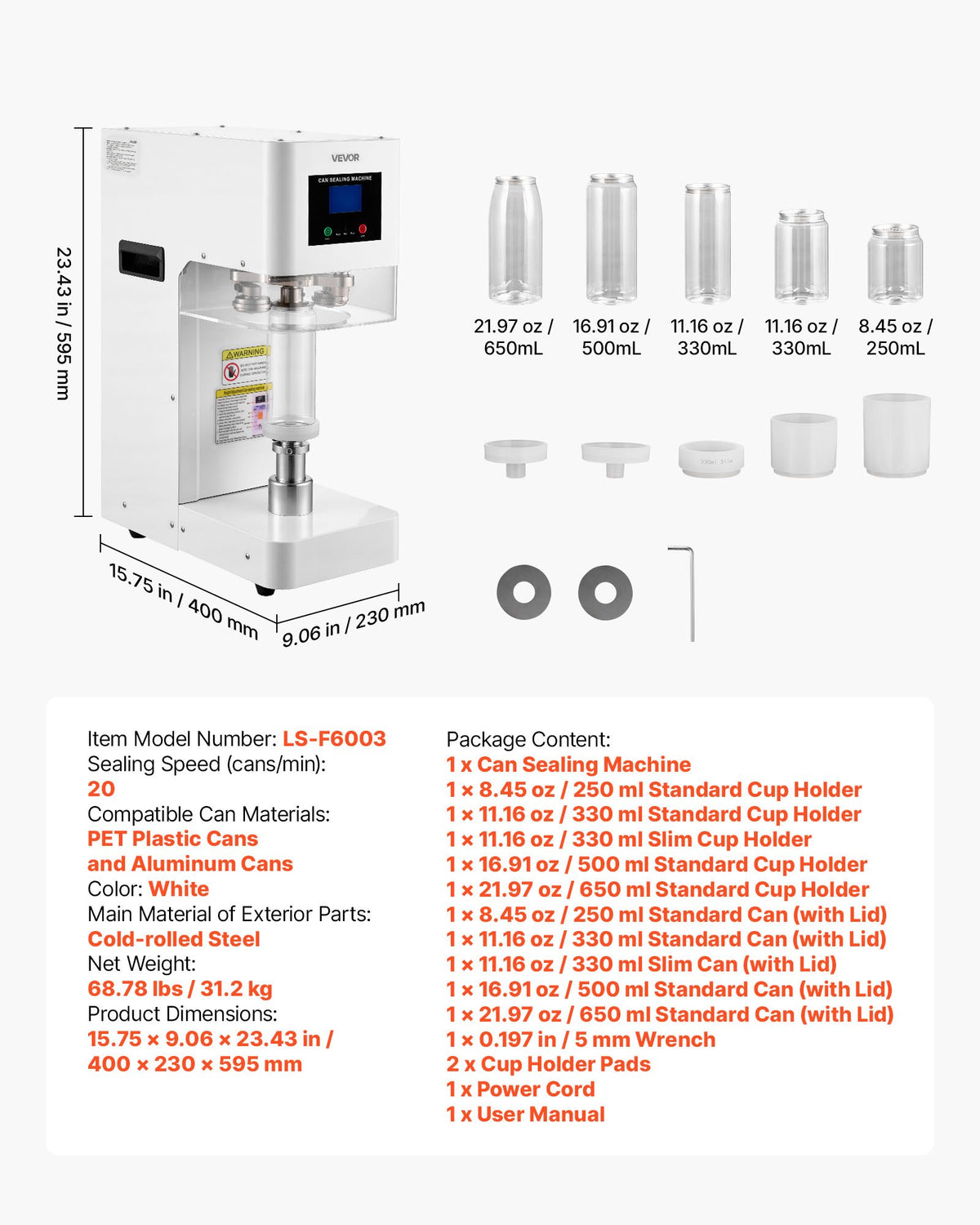 VEVOR Can Sealer Machine, Automatic Commercial Soda Can Sealing Machine for 2.17 in (55 mm) Aluminum and Plastic Cans, Height Adjustable, Steel Housing Beverage Drink Seamer, for Coffee Shop, White - FGJQZDFXZ100LQCA5001V1 - view 8