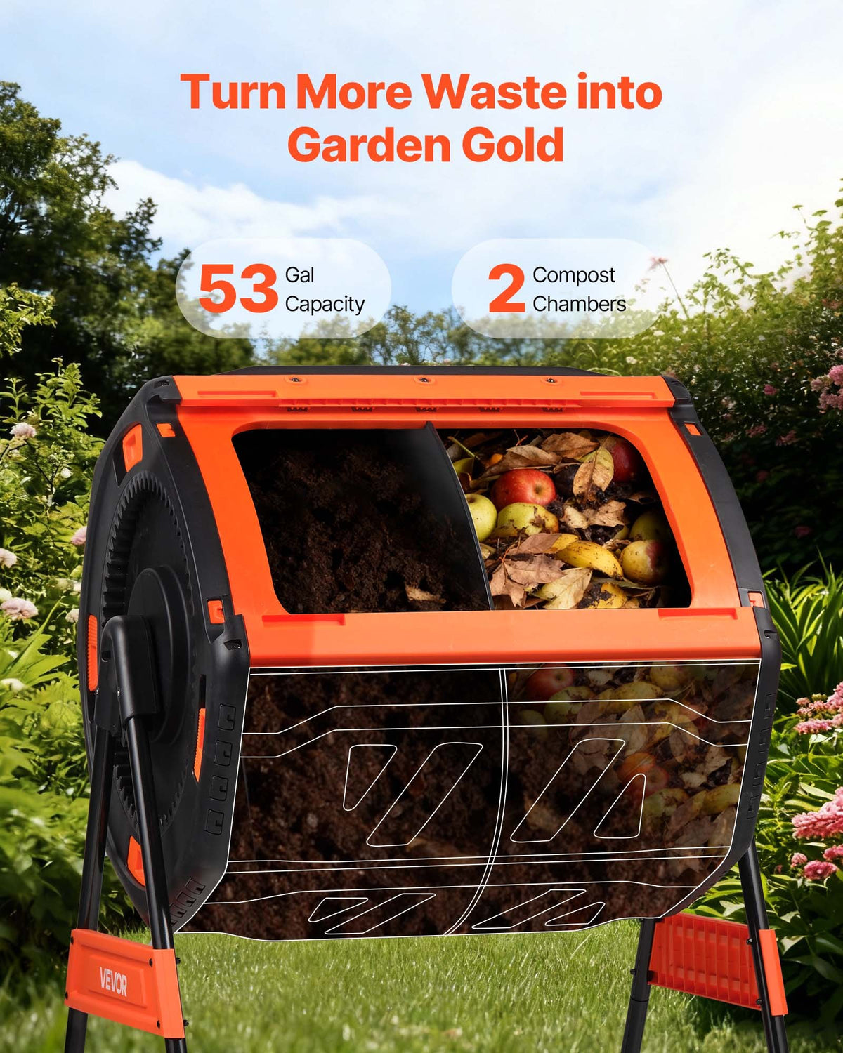 VEVOR Compost Tumbler, 53 Gallon Dual Chamber Outdoor Tumbling Composter with 2 Sliding Doors and Aeration System, Large Easy-Turn Rotating Composting Bin for Outside, Garden, Kitchen, and Yard Waste - FGXDFJDGL53GHS2TI001V0 - view 3