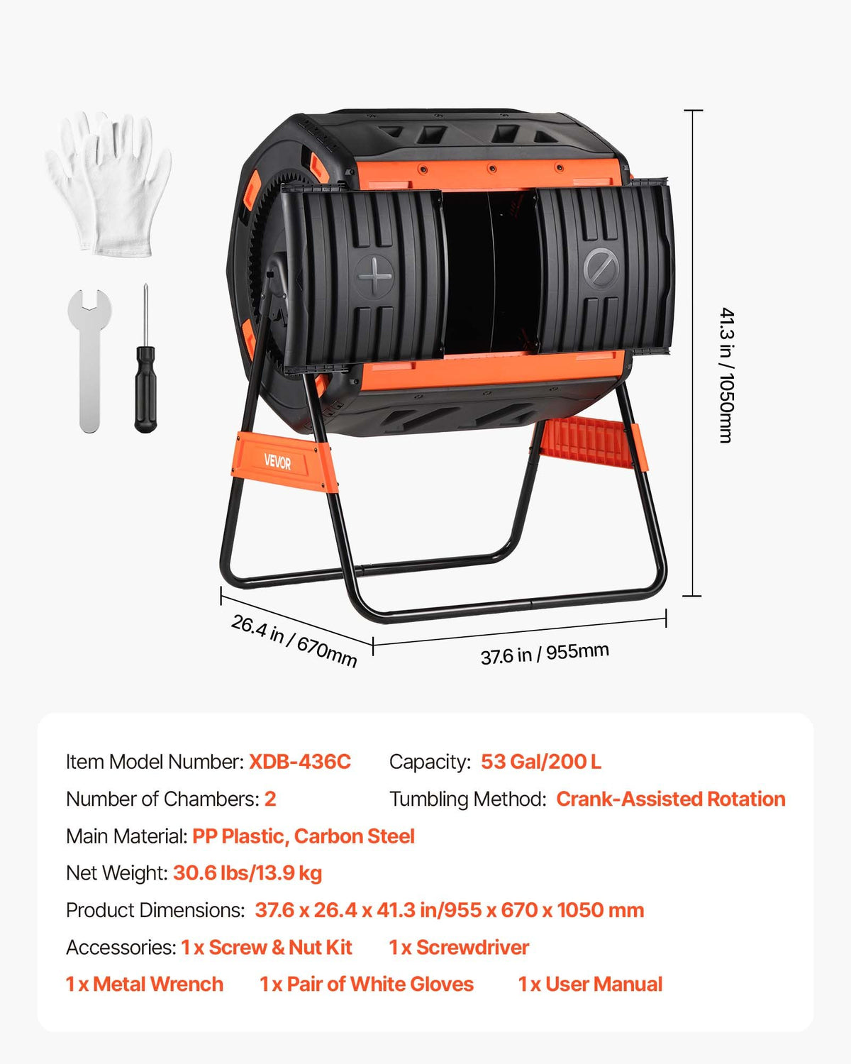 VEVOR Compost Tumbler, 53 Gallon Dual Chamber Outdoor Tumbling Composter with 2 Sliding Doors and Aeration System, Large Easy-Turn Rotating Composting Bin for Outside, Garden, Kitchen, and Yard Waste - FGXDFJDGL53GHS2TI001V0 - view 8