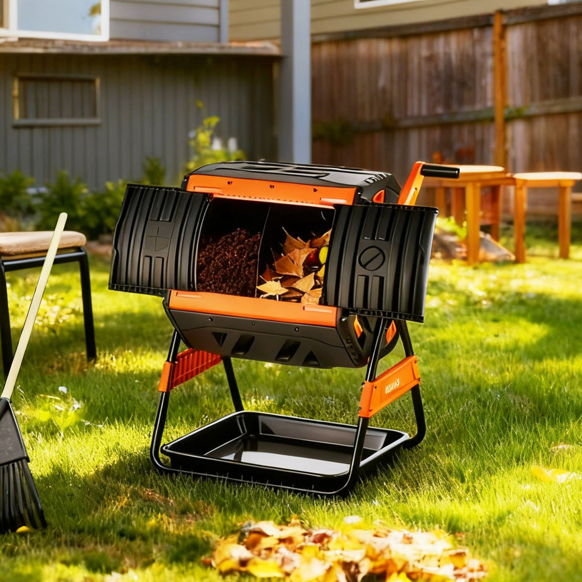 VEVOR Compost Tumbler, 53 Gallon Dual Chamber Outdoor Tumbling Composter with 2 Sliding Doors and Aeration System, Large Easy-Turn Rotating Composting Bin for Outside, Garden, Kitchen, and Yard Waste - FGXDFJDGL53GHS2TI001V0 - view 9