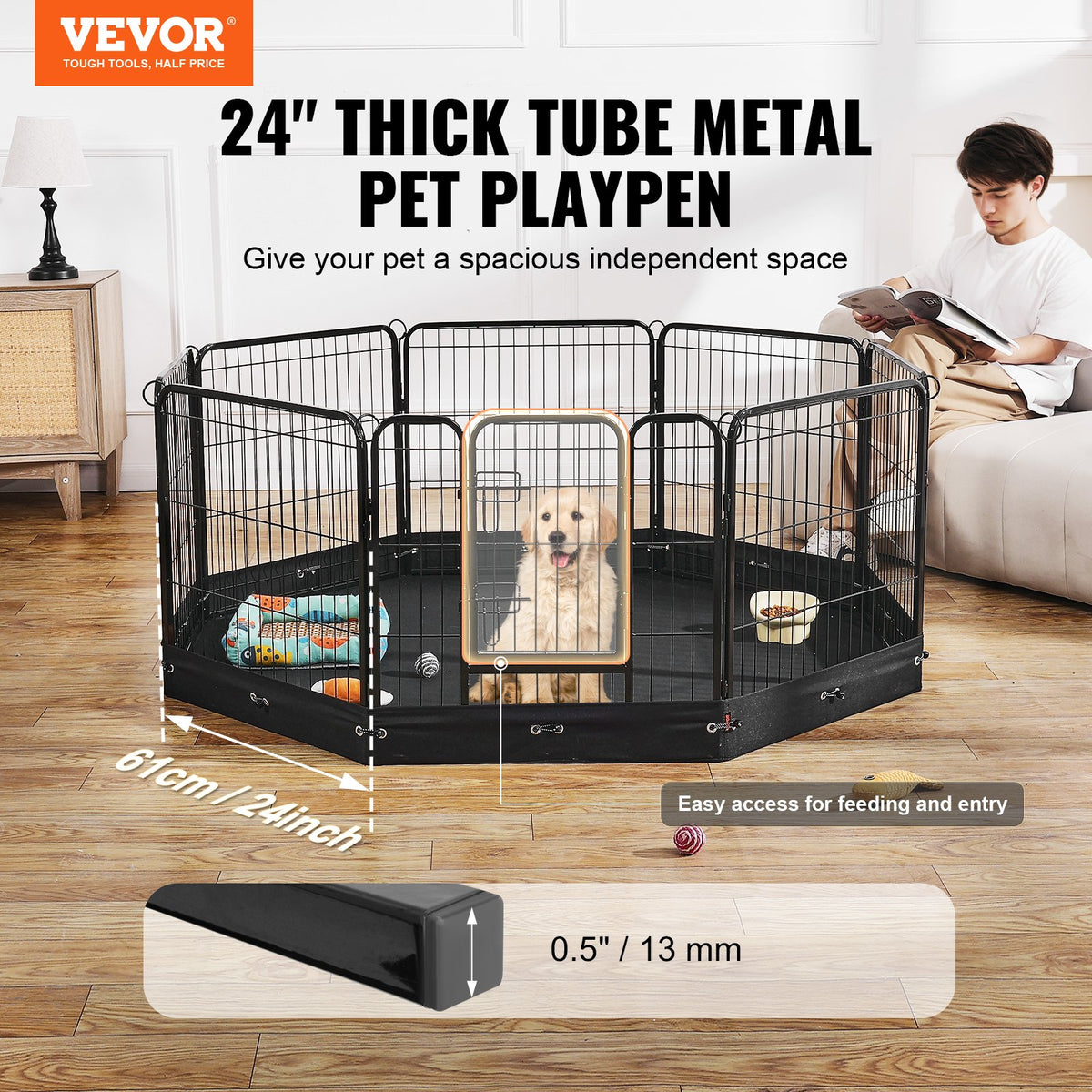 VEVOR Dog Playpen, 8 Pcs 24 x 24 in Panels Foldable Metal Pet Exercise Pen, Dog Fence Indoor and Outdoor Pen with Door, Storage Bag and Bottom Pad, Pet Playpen for Dogs, Cats and Other Small Animals - FGYDCWWLCTSD0EH8OV0 - view 3
