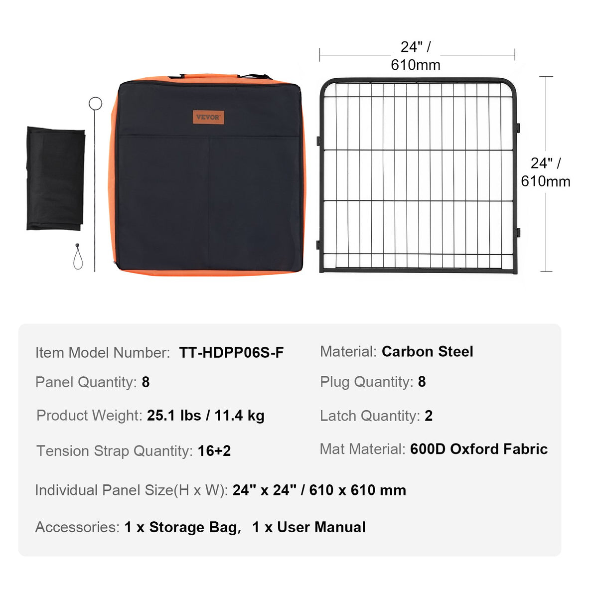 VEVOR Dog Playpen, 8 Pcs 24 x 24 in Panels Foldable Metal Pet Exercise Pen, Dog Fence Indoor and Outdoor Pen with Door, Storage Bag and Bottom Pad, Pet Playpen for Dogs, Cats and Other Small Animals - FGYDCWWLCTSD0EH8OV0 - view 8