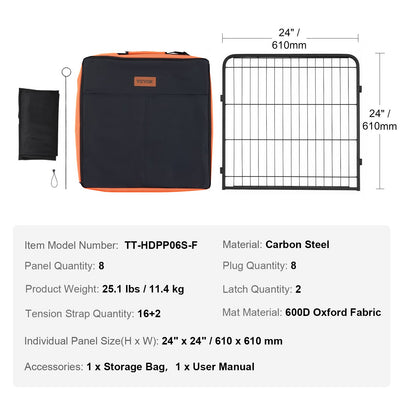 VEVOR Dog Playpen, 8 Pcs 24 x 24 in Panels Foldable Metal Pet Exercise Pen, Dog Fence Indoor and Outdoor Pen with Door, Storage Bag and Bottom Pad, Pet Playpen for Dogs, Cats and Other Small Animals - FGYDCWWLCTSD0EH8OV0 - view 8