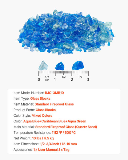 VEVOR Fire Glass, 10 LBS / 4.5 KG Fireplace Rocks, 3/4-Inch / 19.05 mm Reflective Firepit Glass Rock, High Luster Stone Landscaping for Fire Pit Table, Aqua Blue + Caribbean Blue + Aqua Green - FHBLBLK34INCOTBTM001V0 - view 8