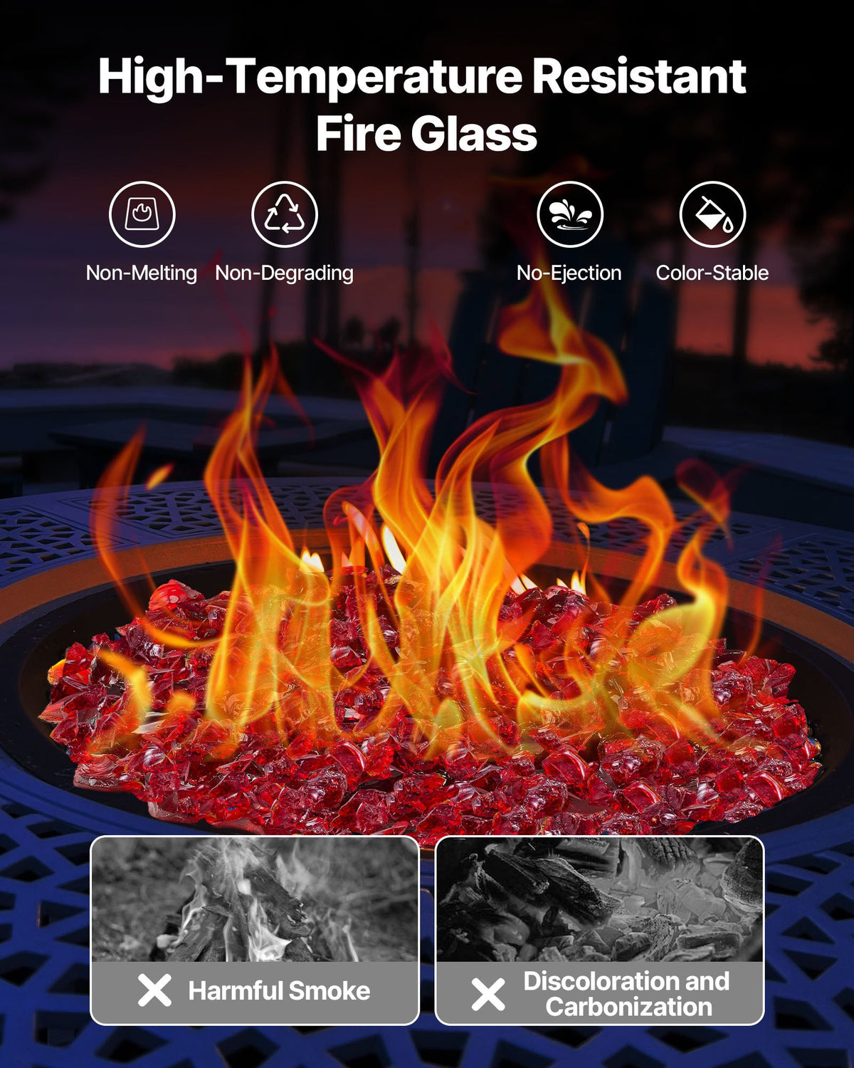 VEVOR Fire Glass, 10 LBS / 4.5 KG Smokeless & High-Temperature Resistant Fireplace Rocks, 3/4-Inch / 19.05 mm Reflective Firepit Glass Rock, High Luster Stone Landscaping for Fire Pit Table, Red - FHBLBLK34INCWKJPP001V0 - view 4
