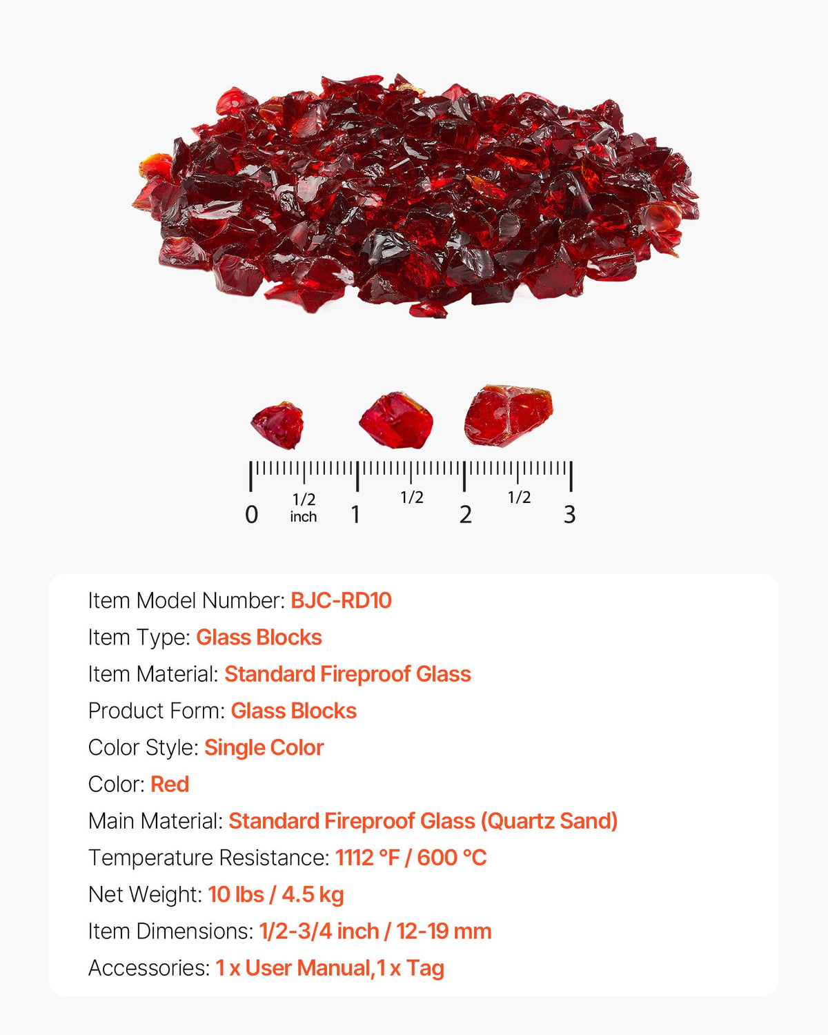VEVOR Fire Glass, 10 LBS / 4.5 KG Smokeless & High-Temperature Resistant Fireplace Rocks, 3/4-Inch / 19.05 mm Reflective Firepit Glass Rock, High Luster Stone Landscaping for Fire Pit Table, Red - FHBLBLK34INCWKJPP001V0 - view 8