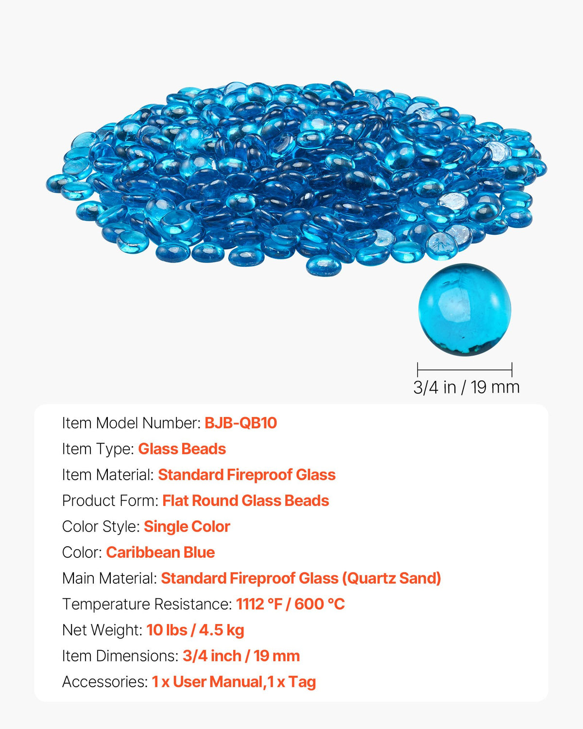 VEVOR Fire Glass, 10 lbs / 4.5 kg High-Temperature Resistant Fireplace Rocks, 3/4-Inch / 19.05 mm Reflective Firepit Glass Beads, High Luster Stone Landscaping for Fire Pit Table, Caribbean Blue - FHBLBYBLZ34IB63XE001V0 - view 8
