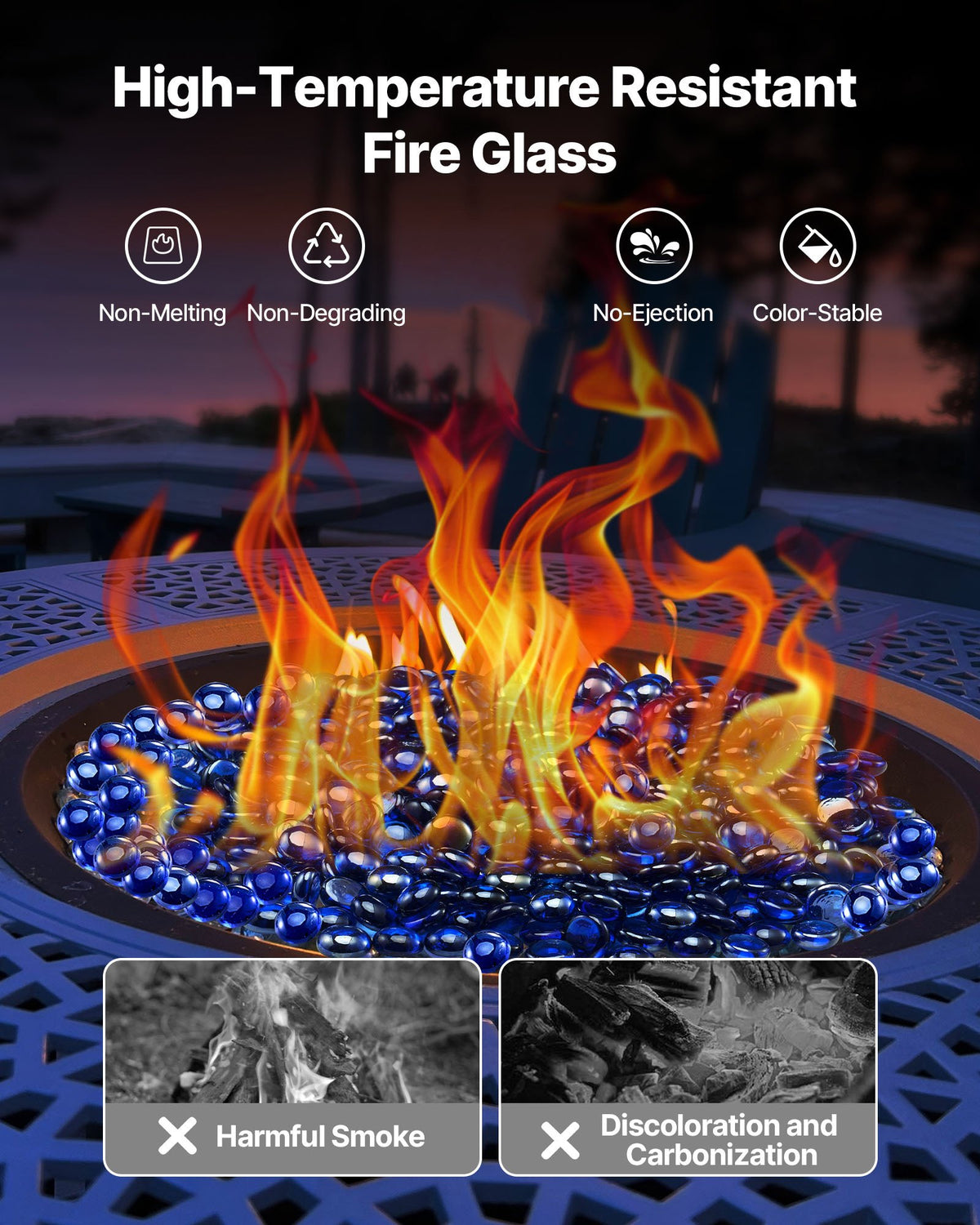 VEVOR Fire Glass, 20LBS / 9KG High-Temperature Resistant Fireplace Rocks, 3/4-Inch / 19.05 mm Reflective & Smokeless Firepit Glass Beads, High Luster Stone Landscaping for Fire Pit Table, Cobalt Blue - FHBLBYBLZ34ILXTKD001V0 - view 4
