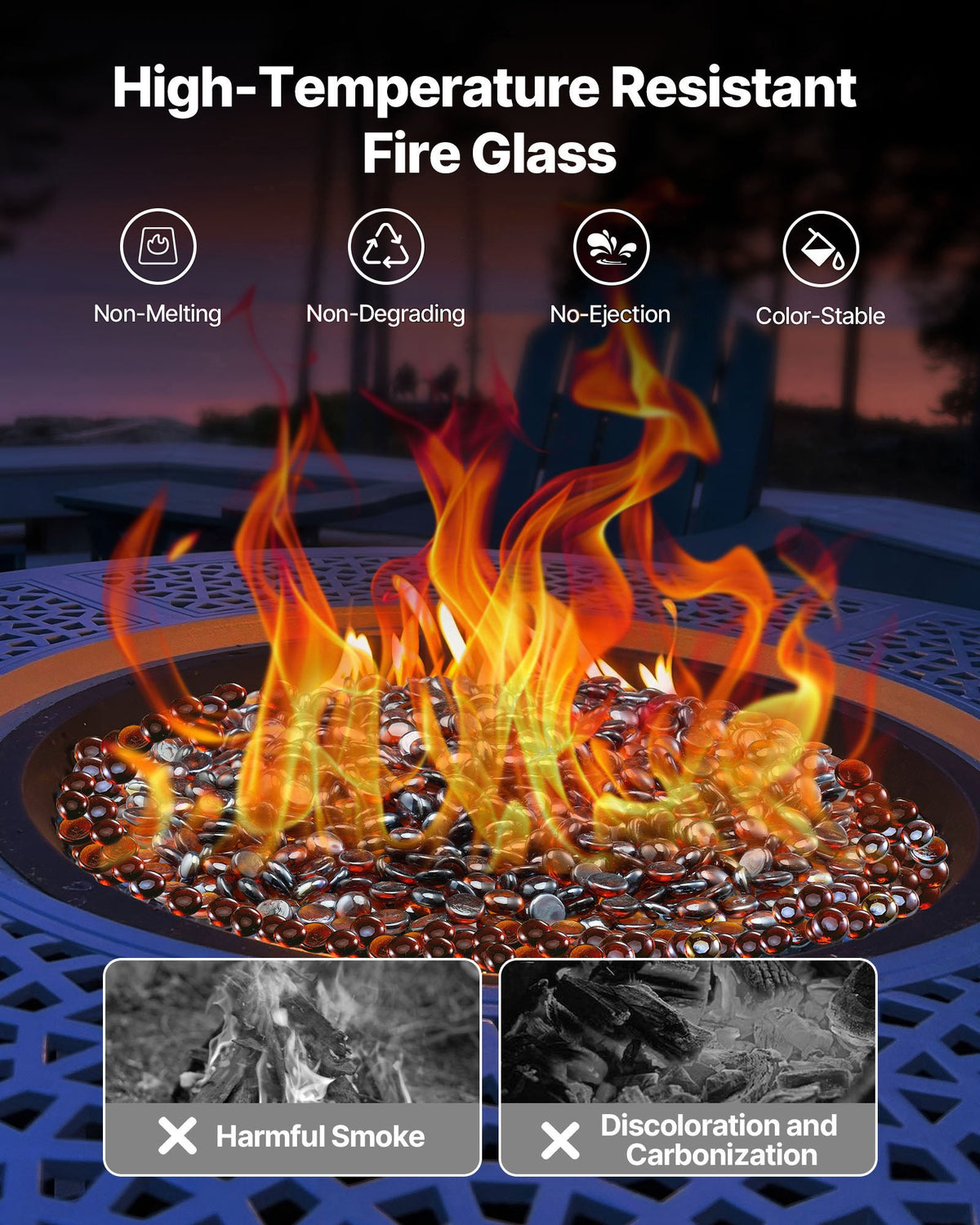 VEVOR Fire Glass, 10LBS / 4.5KG High-Temperature Resistant Fireplace Rocks, 3/4-Inch / 19.05 mm Reflective & Smokeless Firepit Glass Beads, High Luster Stone Landscaping for Fire Pit Table, Rich Amber - FHBLBYBLZ34ITDE8J001V0 - view 4