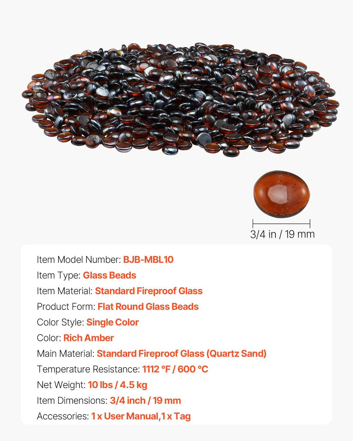 VEVOR Fire Glass, 10LBS / 4.5KG High-Temperature Resistant Fireplace Rocks, 3/4-Inch / 19.05 mm Reflective & Smokeless Firepit Glass Beads, High Luster Stone Landscaping for Fire Pit Table, Rich Amber - FHBLBYBLZ34ITDE8J001V0 - view 8
