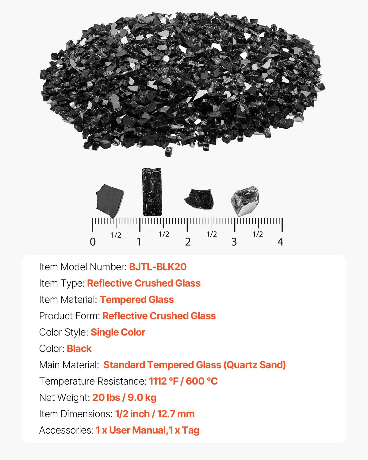 VEVOR Fire Glass, 20 LBS / 9.0 KG High-Temperature Resistant Fireplace Rocks, 1/2-Inch / 12.7 mm Reflective & Smokeless Firepit Glass Rock, High Luster Stone Landscaping for Fire Pit Table, Black - FHBLFGSGHBL14A1CJ001V0 - view 8