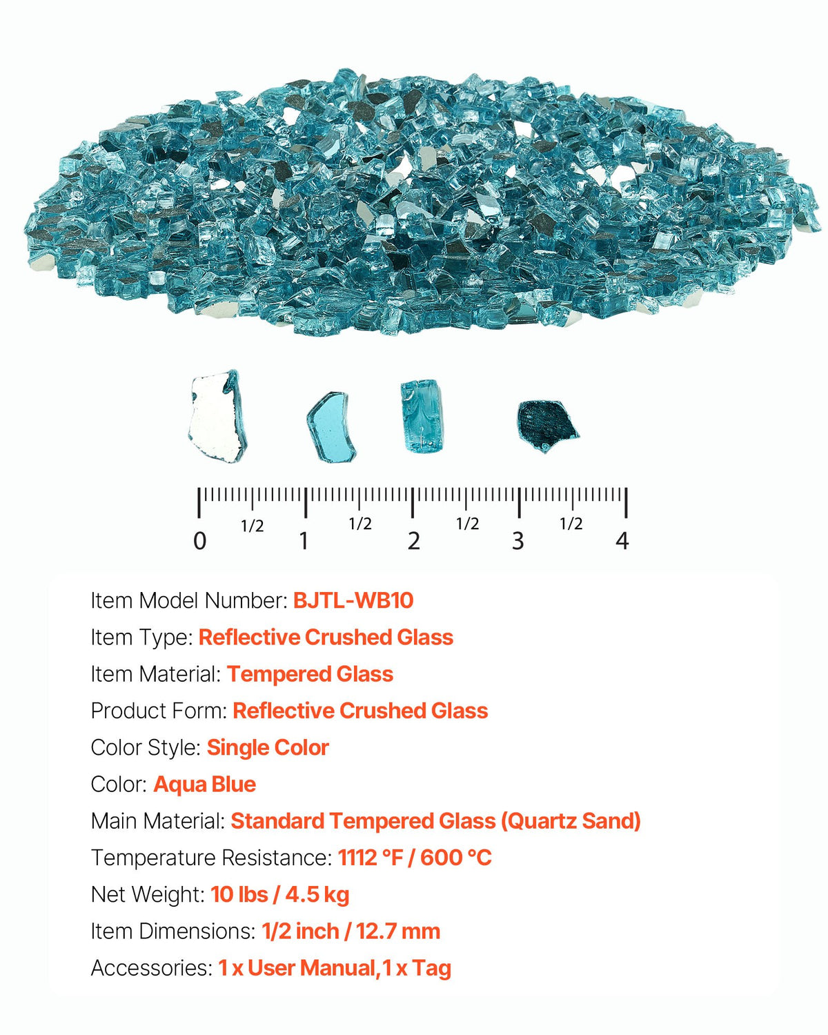 VEVOR Fire Glass, 10 LBS / 4.5 KG High-Temperature Resistant Fireplace Rocks, 1/2-Inch / 12.7 mm Reflective & Smokeless Firepit Glass Rock, High Luster Stone Landscaping for Fire Pit Table, Aqua Blue - FHBLFGSGHBL1EK12T001V0 - view 8