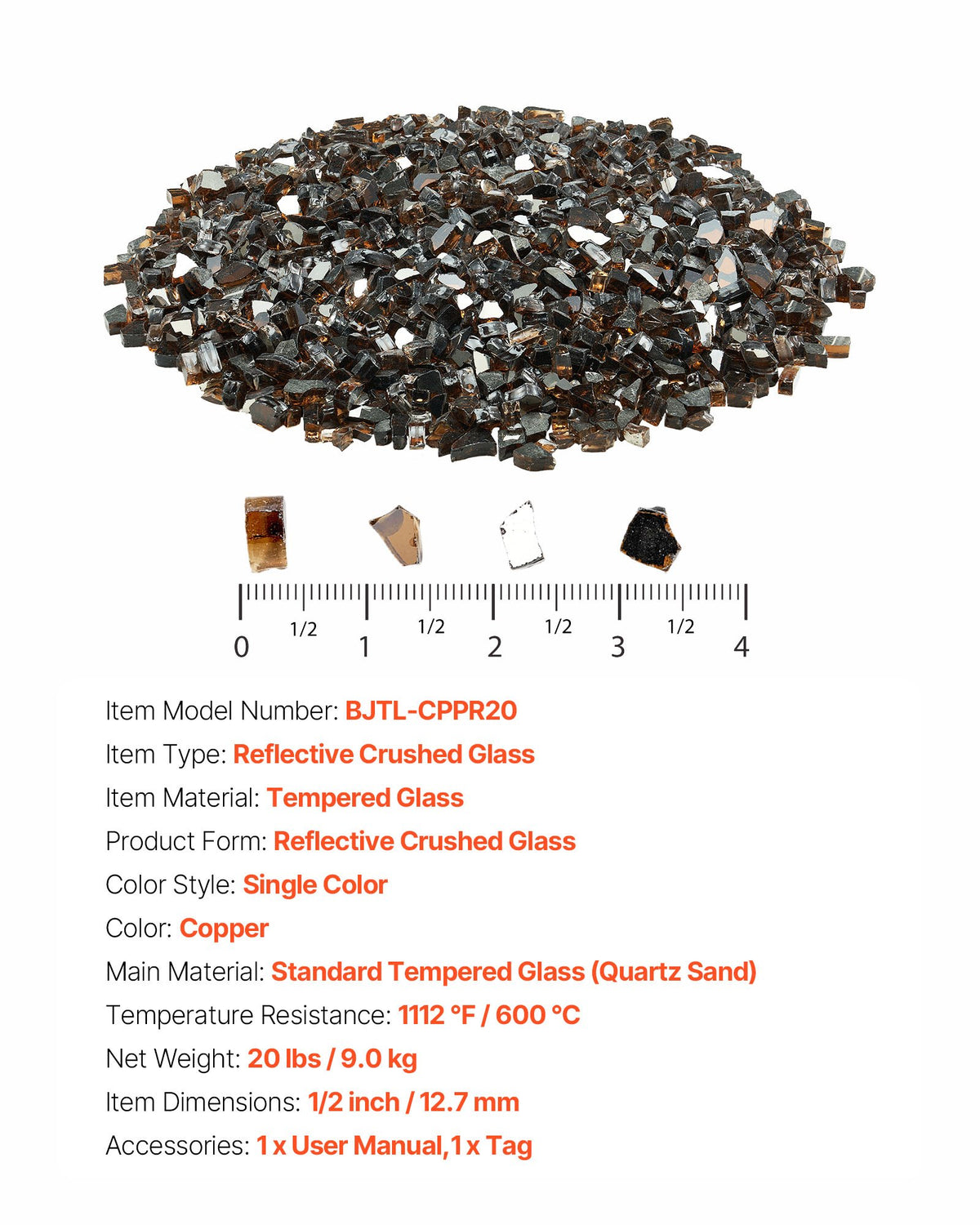 VEVOR Fire Glass, 20 LBS / 9.0 KG High-Temperature Resistant Fireplace Rocks, 1/2-Inch / 12.7 mm Reflective & Smokeless Firepit Glass Rock, High Luster Stone Landscaping for Fire Pit Table, Copper - FHBLFGSGHBL1JPMJW001V0 - view 8