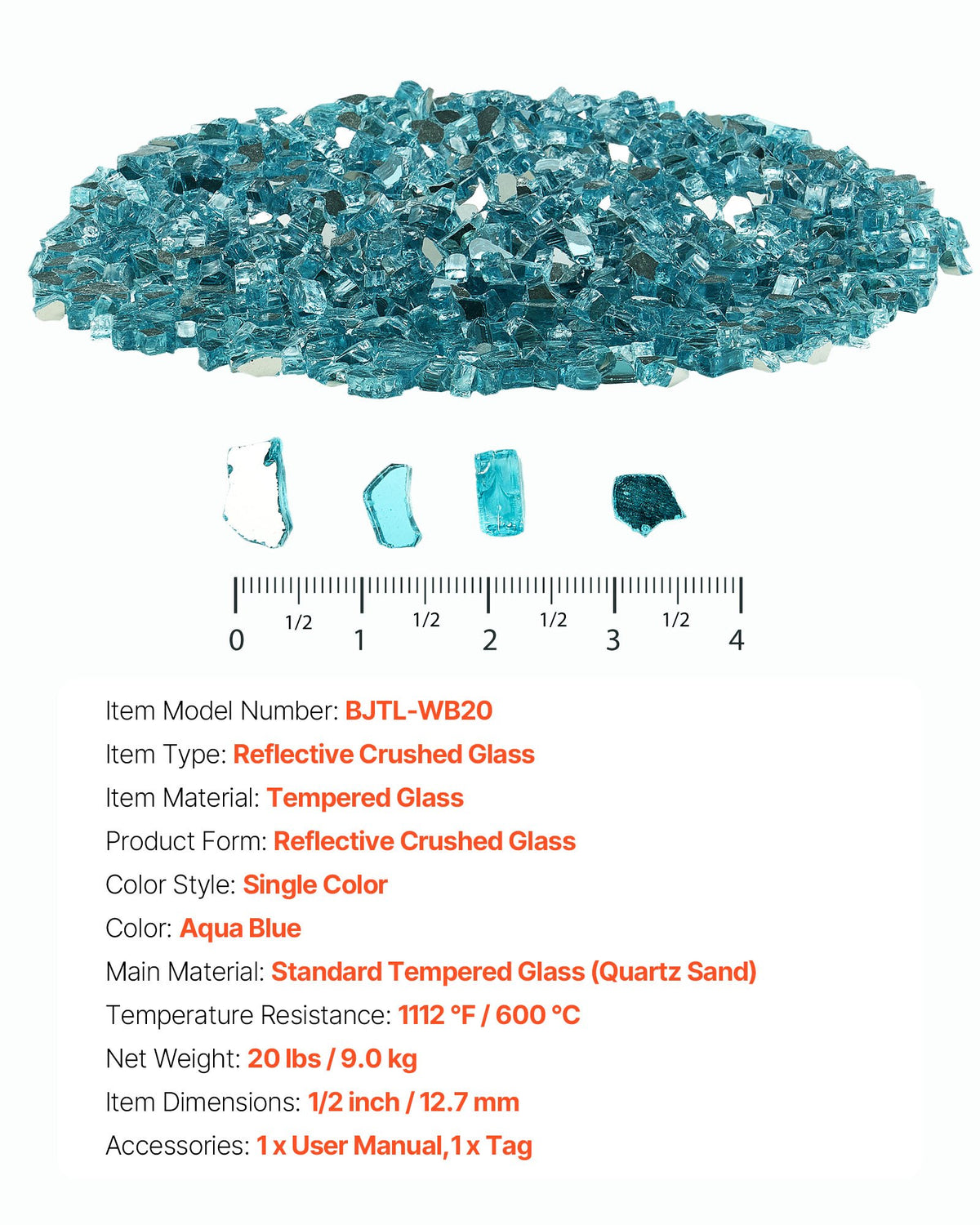 VEVOR Fire Glass, 20 LBS / 9 KG High-Temperature Resistant Fireplace Rocks, 1/2-Inch / 12.7 mm Reflective & Smokeless Firepit Glass Rock, High Luster Stone Landscaping for Fire Pit Table, Aqua Blue - FHBLFGSGHBL1NNEA6001V0 - view 8