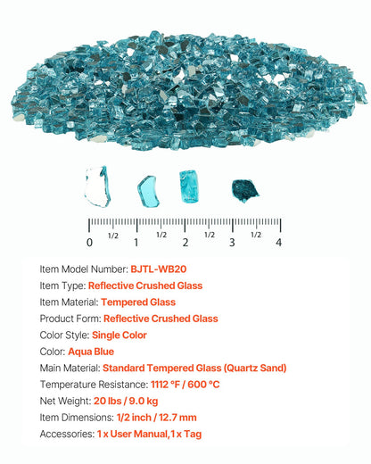 VEVOR Fire Glass, 20 LBS / 9 KG High-Temperature Resistant Fireplace Rocks, 1/2-Inch / 12.7 mm Reflective & Smokeless Firepit Glass Rock, High Luster Stone Landscaping for Fire Pit Table, Aqua Blue - FHBLFGSGHBL1NNEA6001V0 - view 8