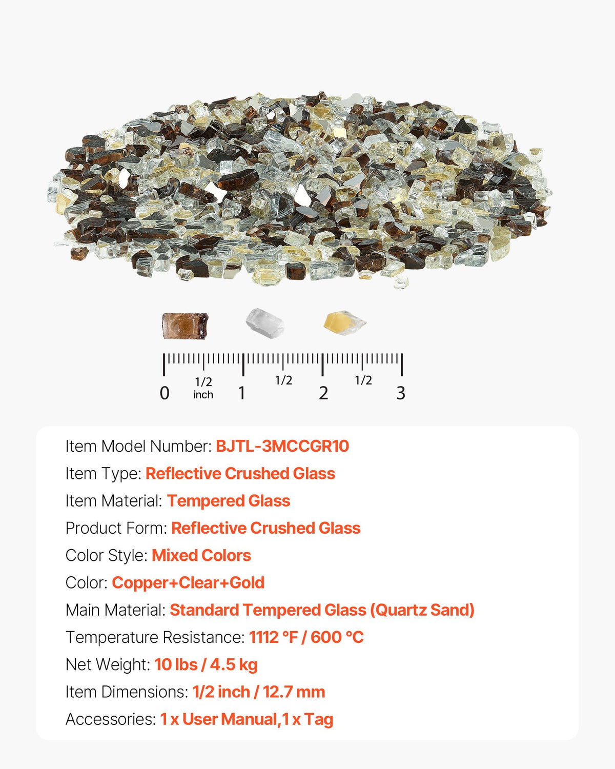 VEVOR Fire Glass, 10 LBS / 4.5 KG High-Temperature Resistant Fireplace Rocks, 1/2-Inch / 12.7 mm Reflective Firepit Glass Rock, High Luster Stone Landscaping for Fire Pit Table, Copper + Clear + Gold - FHBLFGSGHBL1QI1T0001V0 - view 8