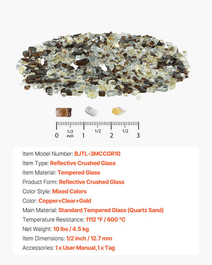 VEVOR Fire Glass, 10 LBS / 4.5 KG High-Temperature Resistant Fireplace Rocks, 1/2-Inch / 12.7 mm Reflective Firepit Glass Rock, High Luster Stone Landscaping for Fire Pit Table, Copper + Clear + Gold - FHBLFGSGHBL1QI1T0001V0 - view 8