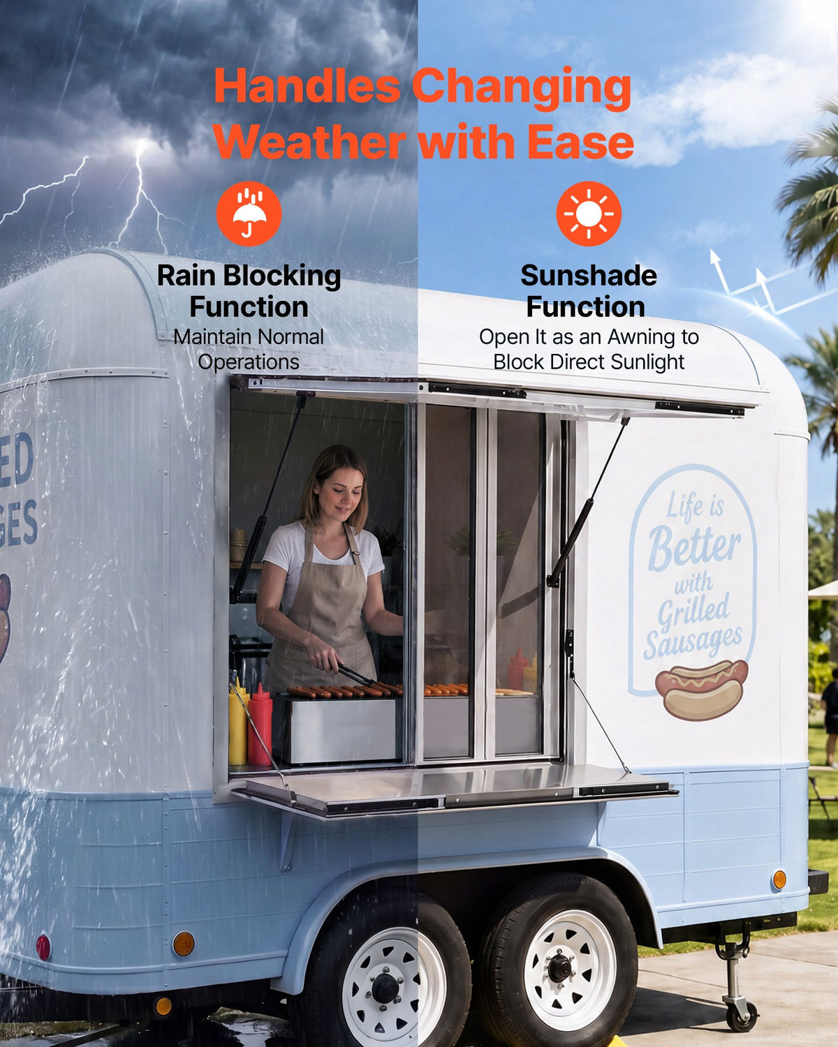 VEVOR Concession Window Folding Shelf 36x36in Aluminum Alloy Service Window, for Food Truck, Up to 85 Degrees, with 4 Sliding Screen Windows, Awning Door and Drag Hook, Rainwater Resistant - FHDGNCK3636IIYD8D001V0 - view 6