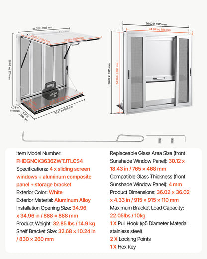 VEVOR Concession Window Folding Shelf 36x36in Aluminum Alloy Service Window, for Food Truck, Up to 85 Degrees, with 4 Sliding Screen Windows, Awning Door and Drag Hook, Rainwater Resistant - FHDGNCK3636IIYD8D001V0 - view 8