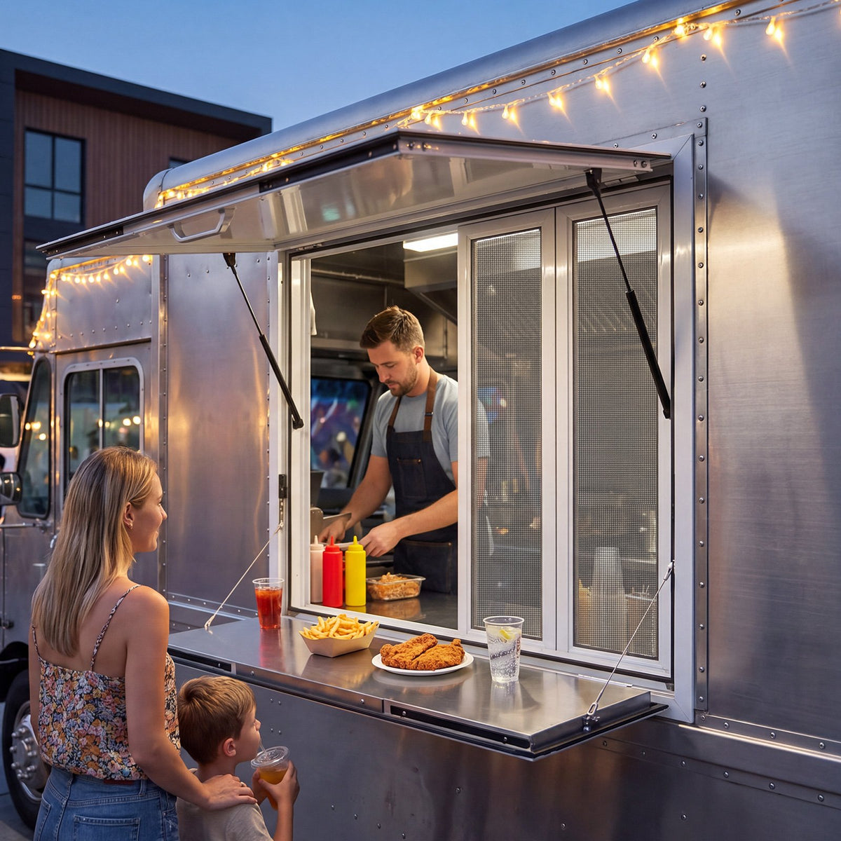 VEVOR Concession Window Folding Shelf 36x36in Aluminum Alloy Service Window, for Food Truck, Up to 85 Degrees, with 4 Sliding Screen Windows, Awning Door and Drag Hook, Rainwater Resistant - FHDGNCK3636IIYD8D001V0 - view 9